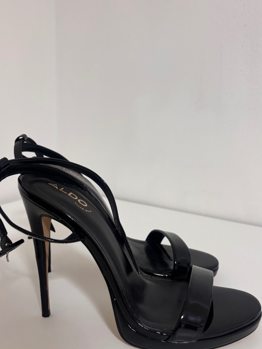 Aldo Shiny Black Ankle Strap Heels